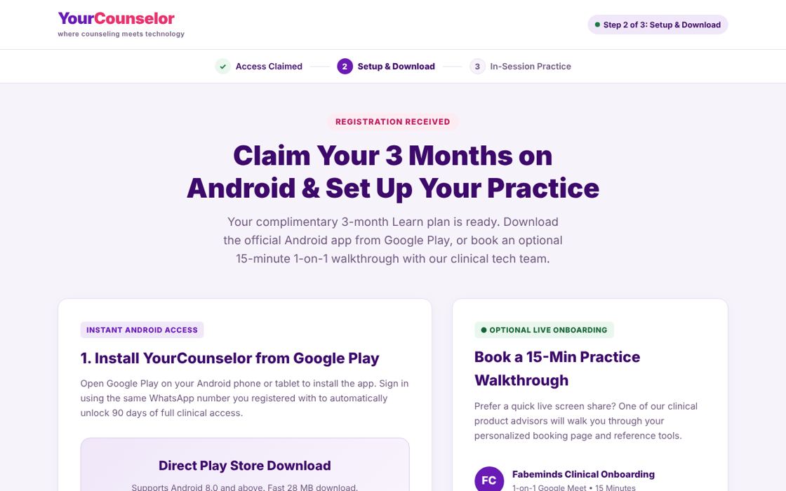 The booking and setup page MasterFunnelSystem wrote for YourCounselor